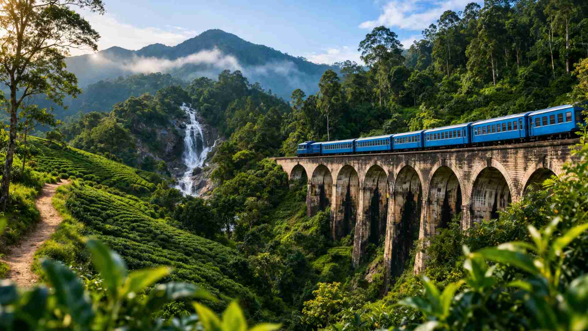 Scenic blue passenger train crossing Demodara Nine Arch Bridge surrounded by lush tea hills and mountain waterfall