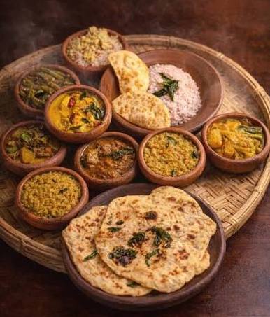 Traditional Sri Lankan rice and curry spread served with coconut rotti